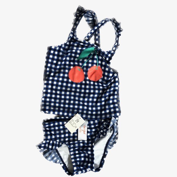Cat & Jack Girls 2 Piece Bathing Suit Blue White Checkered Cherries Size 2T - Picture 2 of 6